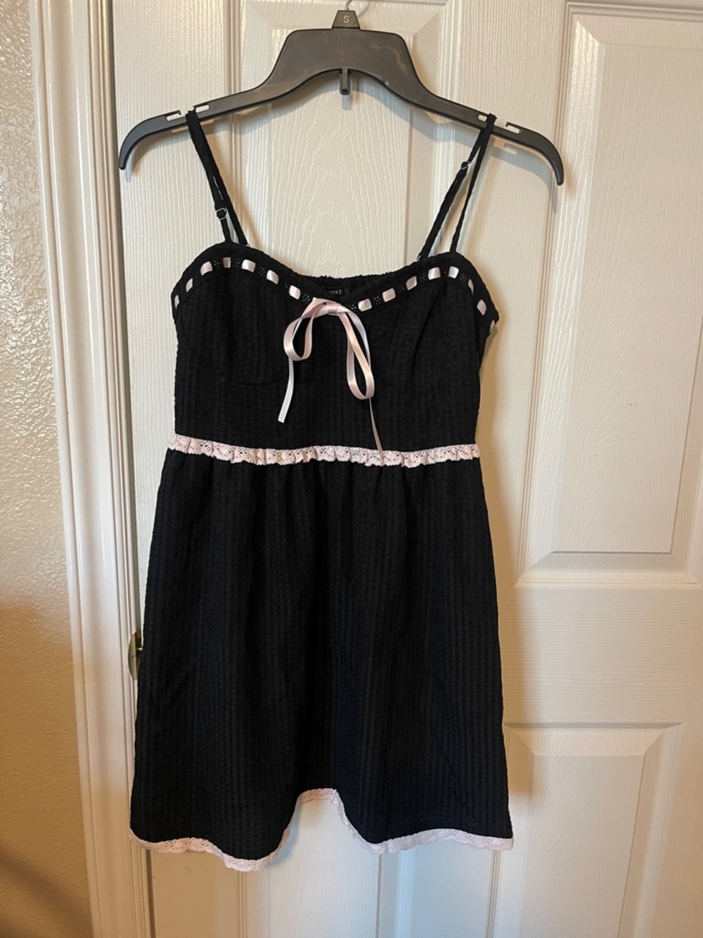 Forever 21 Black Mini Dress with Pink Ribbon Trim - Picture 2 of 4